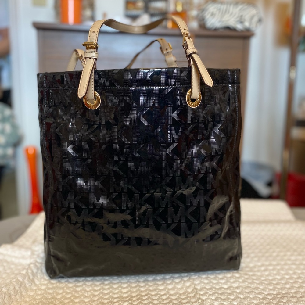 Michael Kors Glossy Black and Tan Tote